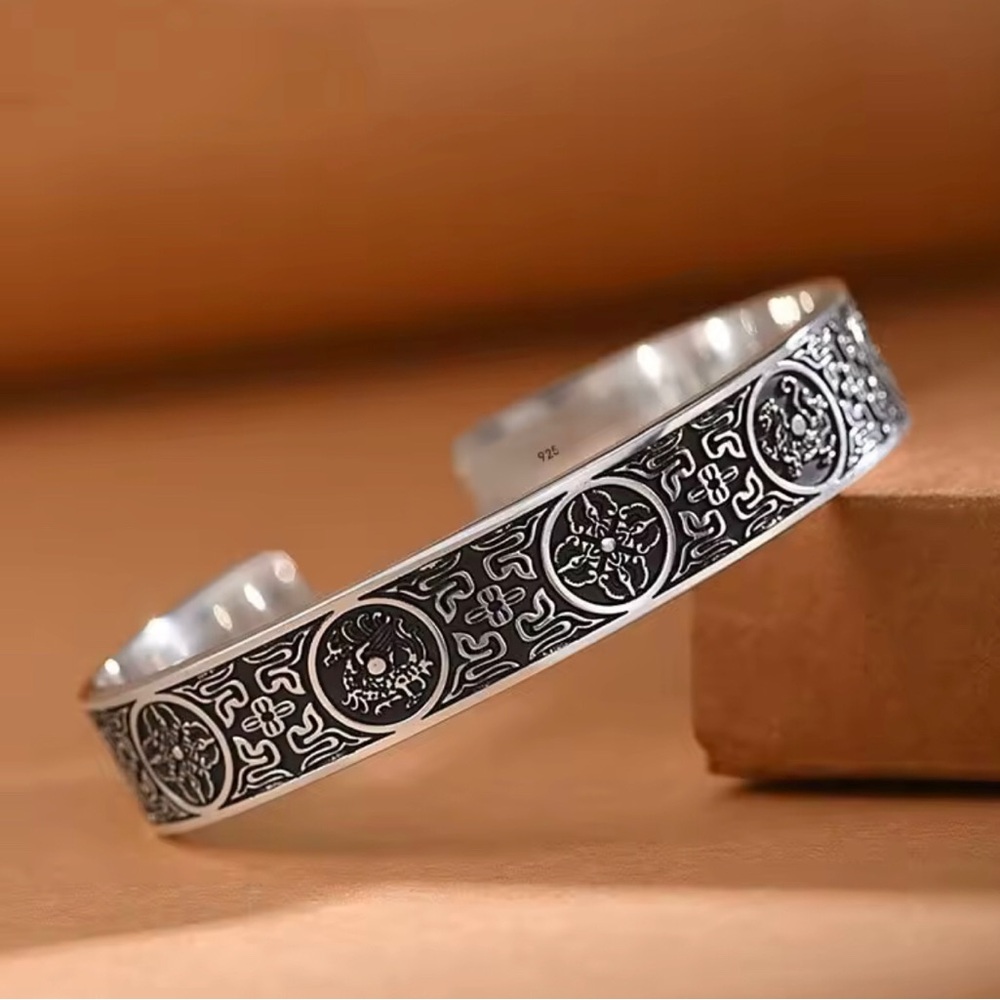Sterling Silver Black-Accent Floral Motif Cuff Bracelet